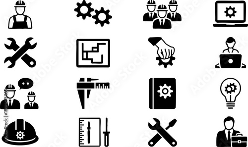 Engineering and mechanics icons pack with tools, blueprints, engineers, gears and innovation design