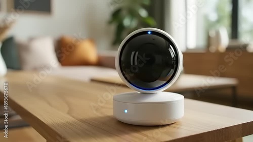 Smart Security Camera on Wooden Table Indoors.