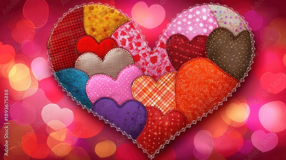 Fototapeta premium Eco valentine concept. patchwork heart fabric heart valentine background romantic decoration love symbol colorful textile stitched design handmade craft bokeh light lace border Patchwork heart