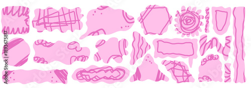 Cutouts organic geometric forms with wavy edges. Abstract rectangle, oval shapes for text and labels with doodle textures. Vector girly design elements with irregular borders. Promo speech bubbles.