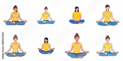 Collection of eight cartoon women practicing meditation or yoga in the lotus pose (Padmasana/Sukhasana) for mindfulness, relaxation, and wellness.