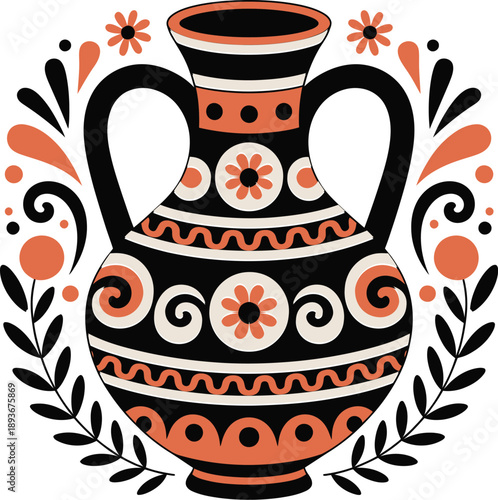 Ancient Greek Amphora Vector with Floral Ornaments and Swirls