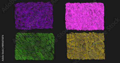 Hand-drawn crosshatch neon colors pattern collection with organic pencil textures. Kids funky doodle crayon line sketches, geometric hatch background for creative design. Vector handmade bg set.