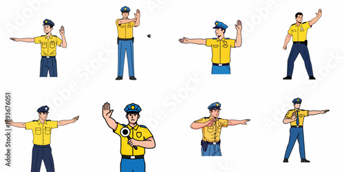 Traffic Police Officer Vector Set: Various Hand Signals for Direction, Stop, and Authority in Cartoon Illustration Style.