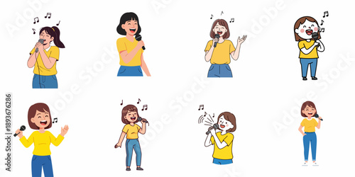 A collection of cartoon vector illustrations featuring young women enthusiastically singing into a microphone, capturing various poses and expressions related to music, karaoke, and performance.