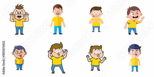 Collection of cute cartoon boy characters making funny faces, expressing various emotions, and performing playful gestures.