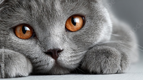 Charming Scottish Fold Cat Portrait with Amber Eyes, Relaxed Against a Soft Neutral Background