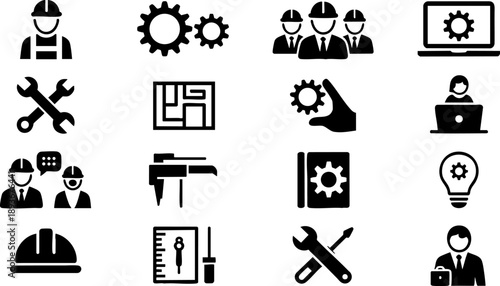 Engineering and mechanics icons pack with tools, blueprints, engineers, gears and innovation design