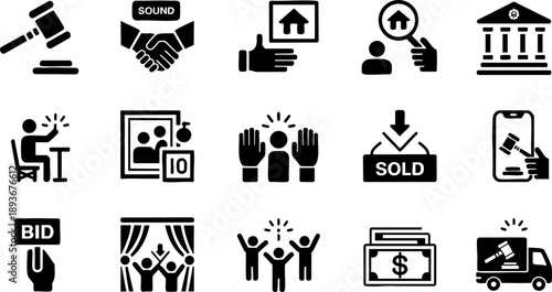 Auction and bidding icons set with gavel, contract, sold sign, auctioneer and online purchase concept