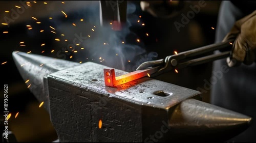 Blacksmith shaping hot metal on anvil using hammer and tongs