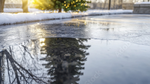 Reflection ice winter Christmas tree outdoor sunlight snow nature cold season. reflection of decorated Christmas tree melting ice winter outdoor setting with sunlight and snow creates peaceful