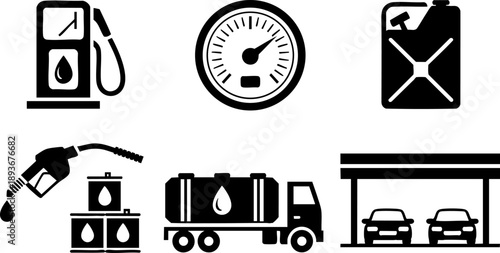 Fuel and gas station icons collection including petrol pump, tanker, gauge and jerry can designs