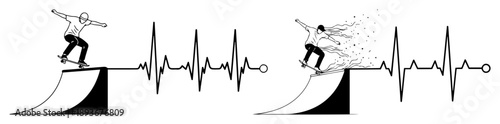 Skateboarder doing tricks on ramp combined with heartbeat pulse line