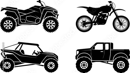 Off-road vehicles silhouette set including ATV, dirt bike, jeep and pickup for adventure design