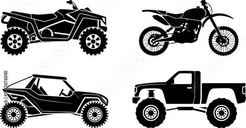 Off-road vehicles silhouette set including ATV, dirt bike, jeep and pickup for adventure design