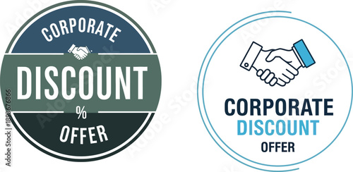Professional vector badges representing corporate discount offers and business partnerships, featuring a handshake icon for employee benefits and promotional deals