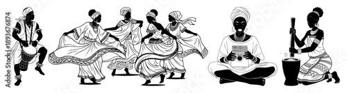 Set of african people dancing playing drums and working in traditional clothing