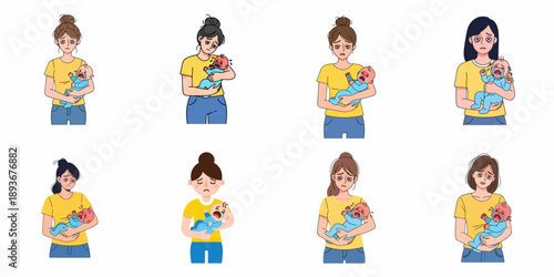 Collection of exhausted mothers holding crying babies, illustrating parental stress, postpartum fatigue, and sleep deprivation.
