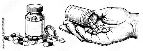 Vintage engraving sketch of medicine bottles and hand holding pills