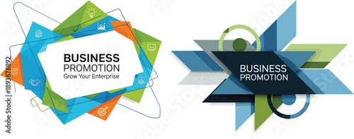 Vibrant abstract geometric business promotion banner design with dynamic overlapping polygonal shapes, ideal for modern enterprise marketing and growth strategies