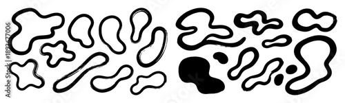 Set of abstract organic liquid blob shapes and amoeba forms in black ink