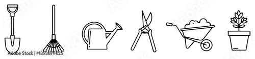 Collection of simple gardening tools and equipment icons in line art style