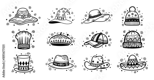 Collection of hand drawn hats and caps with decorative patterns