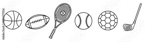 Set of various sports balls and equipment icons in black outline style