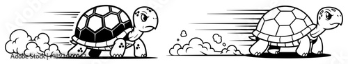 Fast running turtle cartoon character with speed lines and dust clouds
