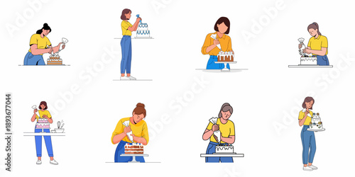 Women Cake Decorating Process: Set of Illustrations of Bakers Using Piping Bags for Frosting, Sprinkles, and Flowers on Pastries.
