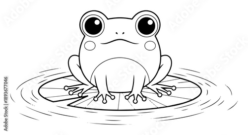 Cute cartoon frog sitting on a floating lily pad in the pond water line art style