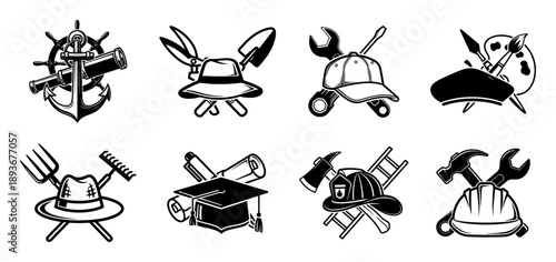 Collection of profession symbols with hats and crossed tools representing various jobs