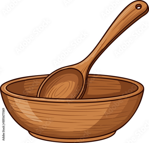 A wooden bowl with a wooden spoon resting inside, perfect for kitchen and food preparation
