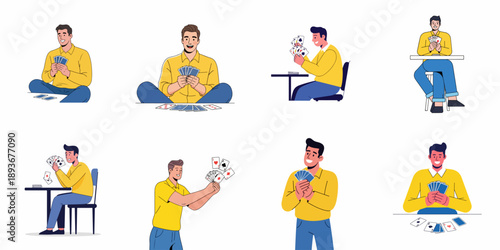 Set of vector illustrations featuring a young man smiling while playing with a deck of playing cards, depicting various poses for leisure and gaming.