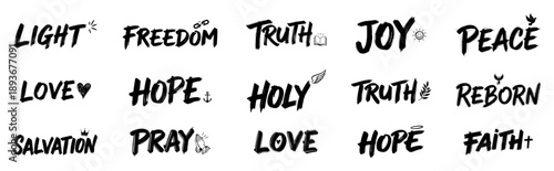 Set of christian hand lettering words with religious symbols and motivational text