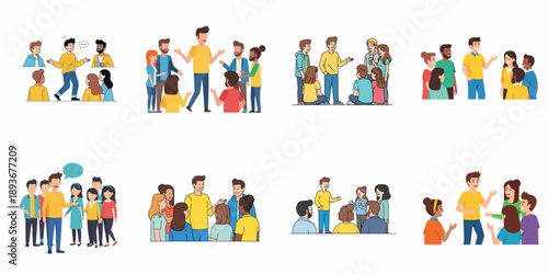 Collection of flat vector illustrations showing diverse young people communicating, discussing ideas, networking, presenting, and socializing in various group settings.