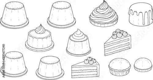 Black and white dessert vector collection featuring puddings, cakes, cream swirls, layered slices, and bakery sweets illustrations
