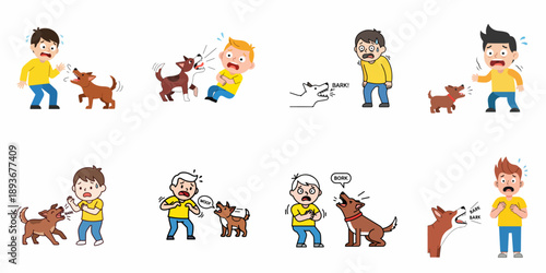 Cartoon set of illustrations depicting a scared boy reacting with panic and fear to an aggressive, barking dog, illustrating cynophobia.