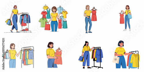 Vector illustrations set of women shopping for clothes, choosing garments from racks, buying new dresses, shirts, and jackets in a store or boutique.