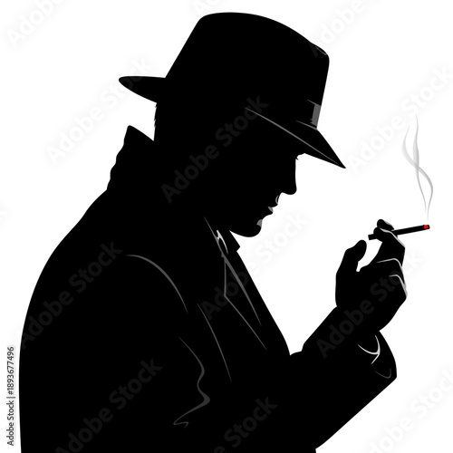 Silhouette of a man in a fedora smoking a cigarette, dramatic lighting.