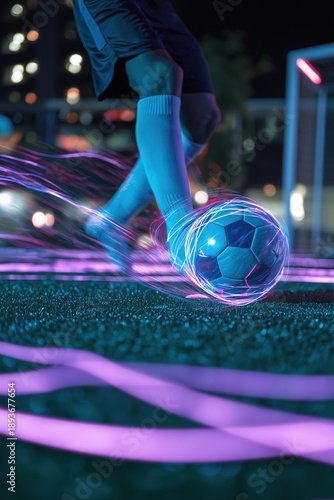 Male soccer player in action, kicking football on grass field at night with vibrant, glowing neon light trails, dynamic and futuristic sports scene