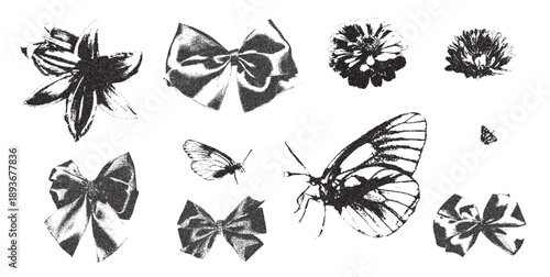 Photocopy stipple vintage y2k summer bows, flowers. Butterflies, ribbon collage effect. Gritty stippling black grunge romantic bowknot, wildflowers elements. Vector retro shapes isolated on white bg.