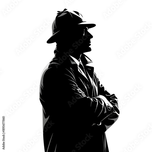 Silhouette of a detective in a trench coat and hat, arms crossed.