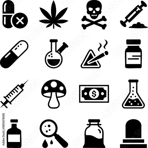Drug and Chemical Symbol Icon Set – Pills, Poison, Laboratory Flask, Syringe, and Toxic Vector EPS