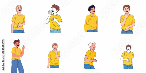 Set of eight cartoon illustrations depicting young men or boys expressing genuine laughter, happiness, and joy with various enthusiastic expressions and poses.