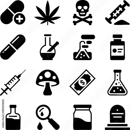 Drug and Chemical Symbol Icon Set – Pills, Poison, Laboratory Flask, Syringe, and Toxic Vector EPS