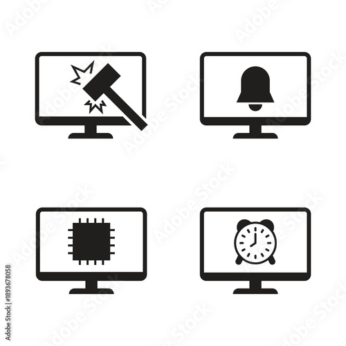 Solid computer technology and time icon set