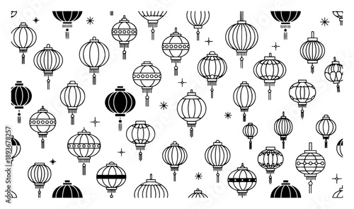 Seamless pattern background featuring traditional chinese hanging lanterns
