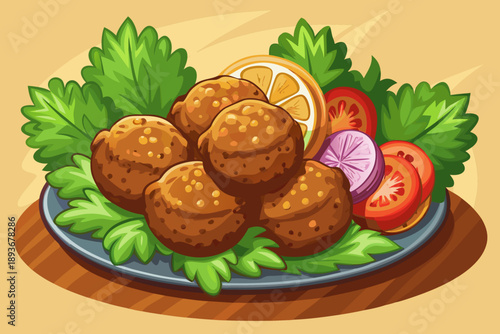 Delicious falafel balls, crispy on the outside and soft on the inside, served with fresh vegetables, Middle Eastern street food concept, appetizing food.