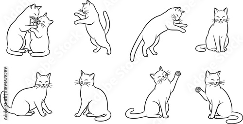 Hand drawn cute cat outline vector set showing playful, sitting, jumping and grooming kitten poses illustration